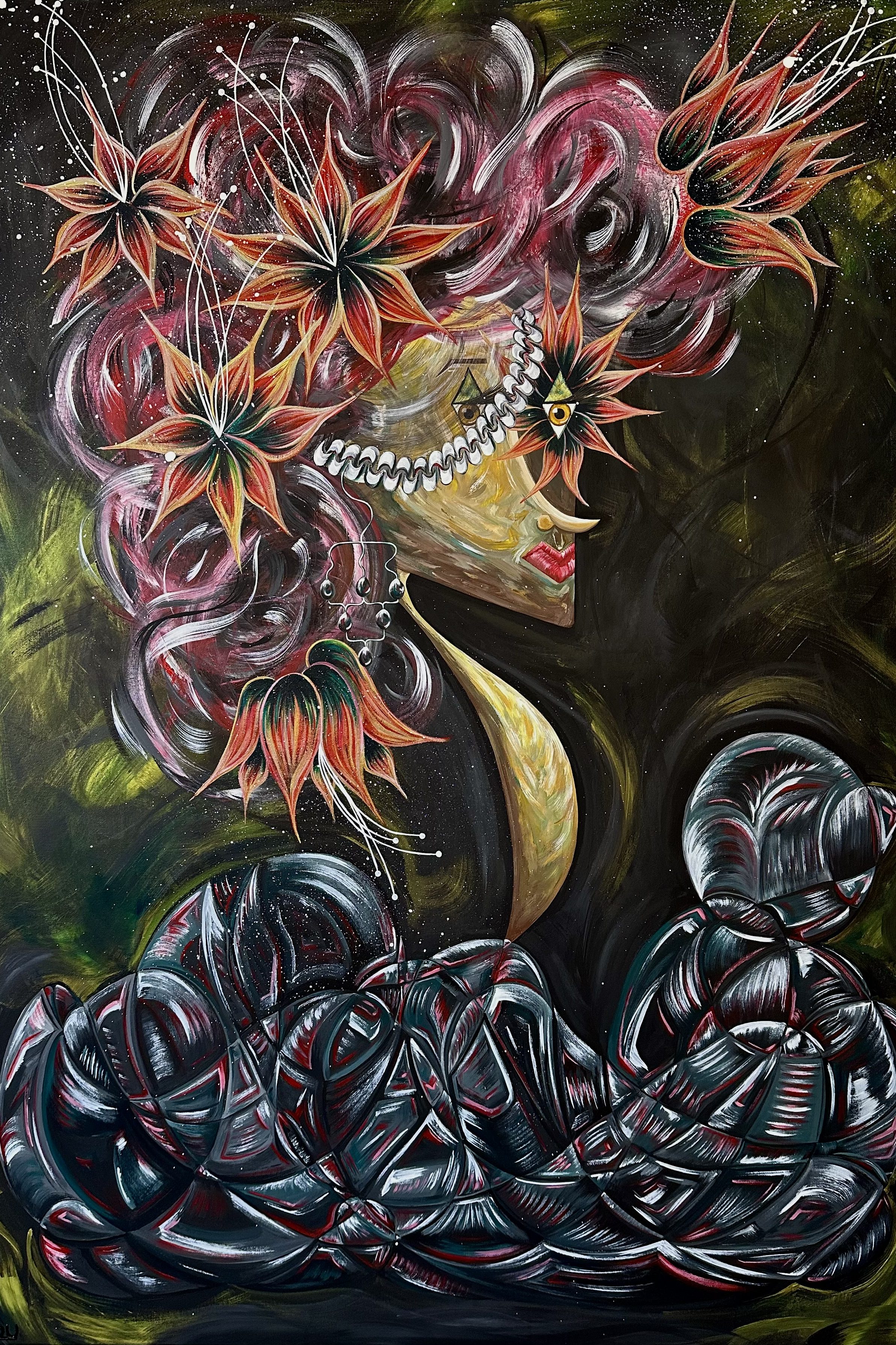 peinture acrylique d'un buste de femme onirique dans les couleurs rouges, verts, noirs et une composition florale dans les cheveux avec une surcouche de résine époxy de l'artiste peintre Lilou disponible à la vente